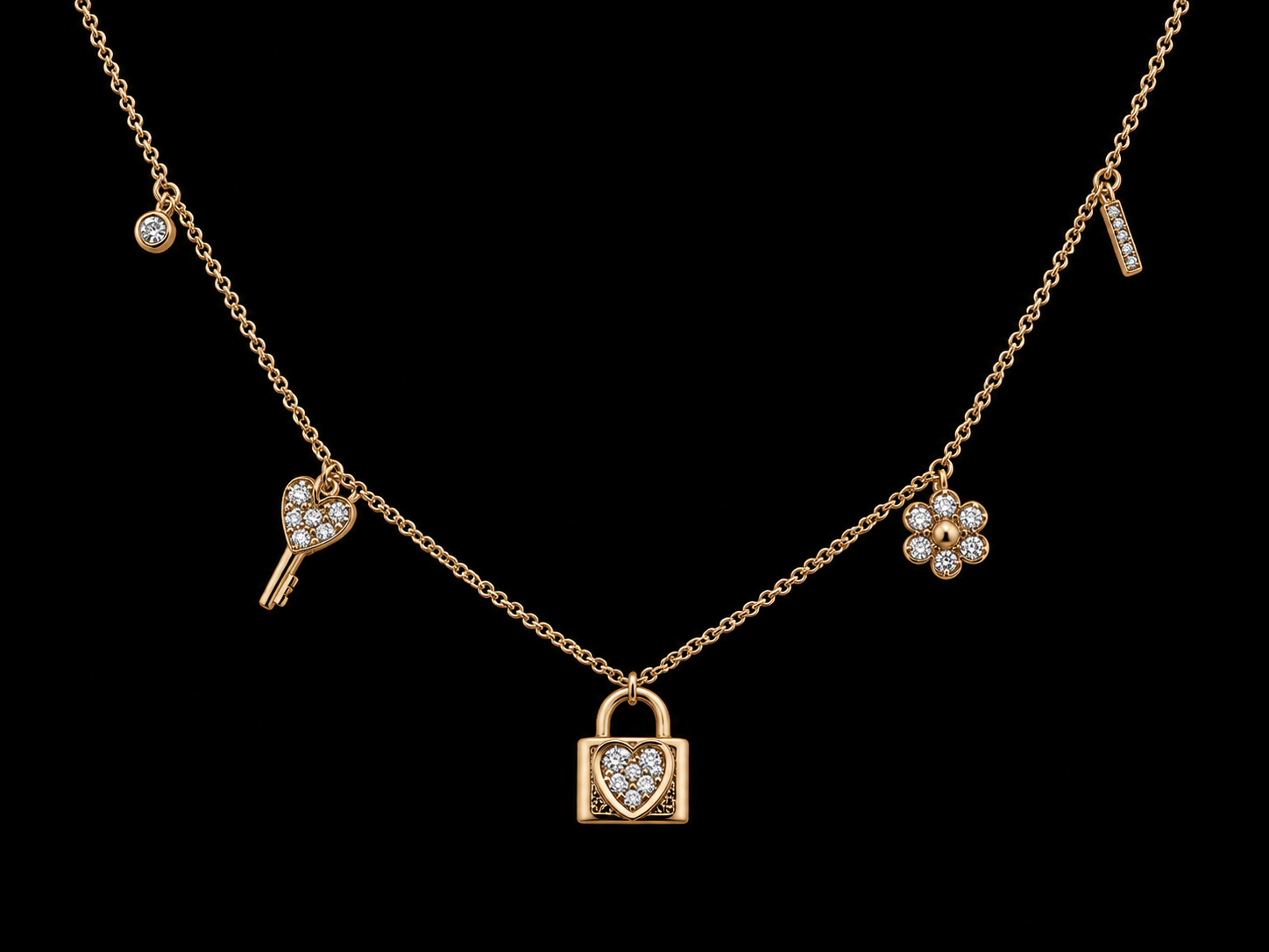 14K Yellow Gold Diamond Dangling Charms Necklace – Heart Lock, Heart Key & Lucky Charms | 0.13 CTW SI G-H Angelica Jewellers
