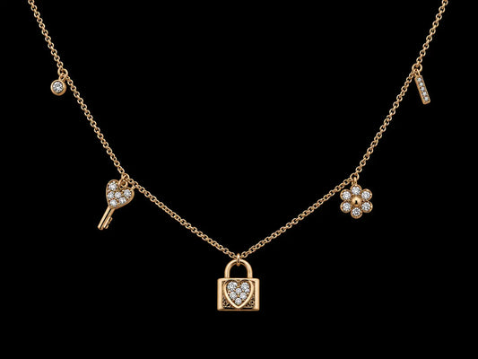 14K Yellow Gold Diamond Dangling Charms Necklace – Heart Lock, Heart Key & Lucky Charms | 0.13 CTW SI G-H Angelica Jewellers