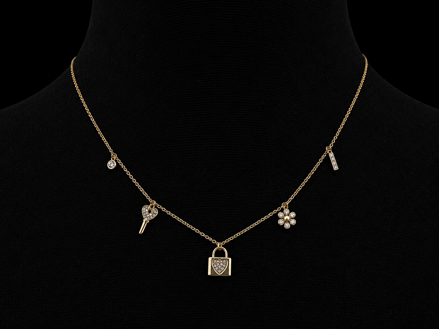 14K Yellow Gold Diamond Dangling Charms Necklace – Heart Lock, Heart Key & Lucky Charms | 0.13 CTW SI G-H Angelica Jewellers