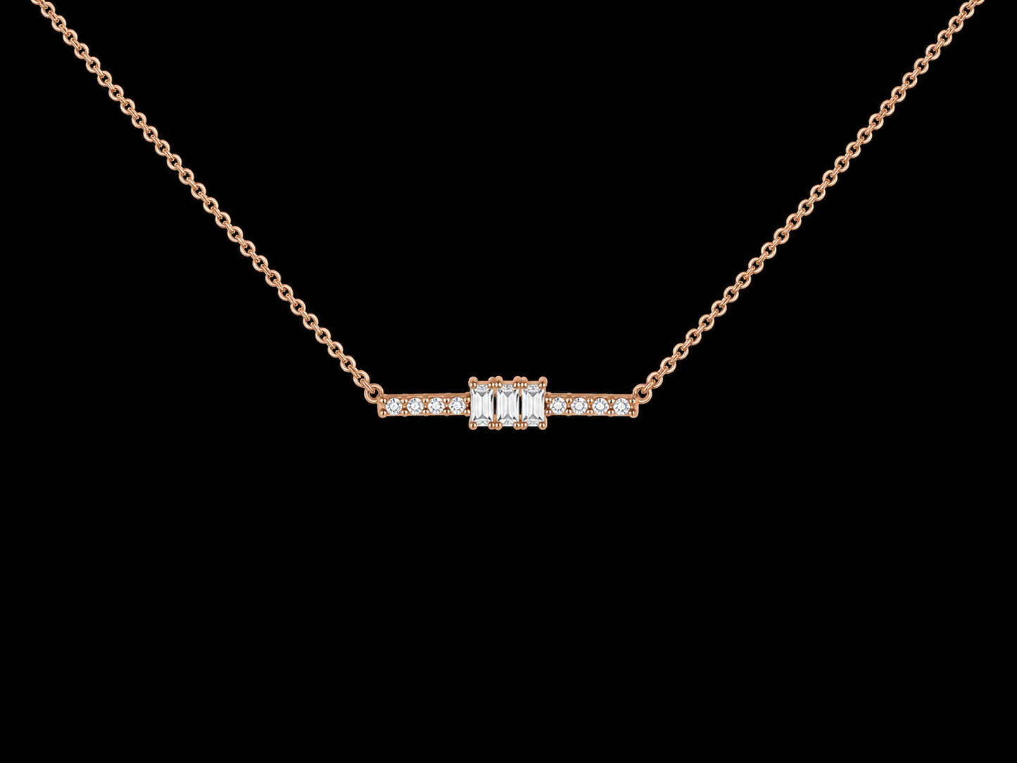 14K Rose Gold Diamond Bar Necklace – 0.07 CTW Round & Baguette Diamonds | SI Clarity, G-H Color Angelica Jewellers