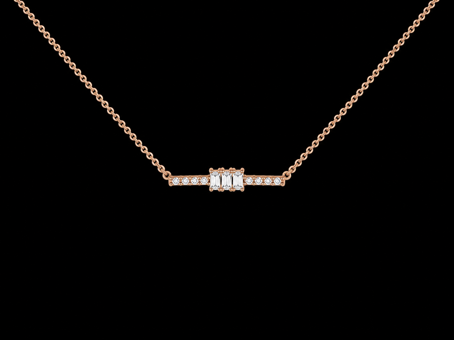 14K Rose Gold Diamond Bar Necklace – 0.07 CTW Round & Baguette Diamonds | SI Clarity, G-H Color Angelica Jewellers