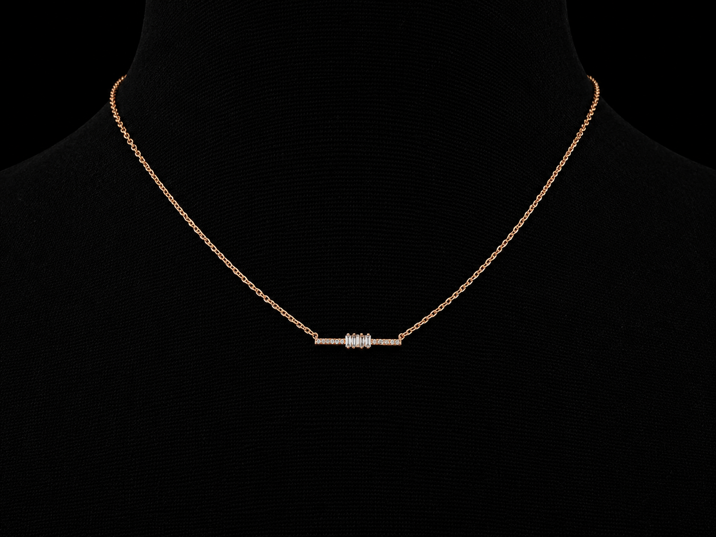 14K Rose Gold Diamond Bar Necklace – 0.07 CTW Round & Baguette Diamonds | SI Clarity, G-H Color Angelica Jewellers