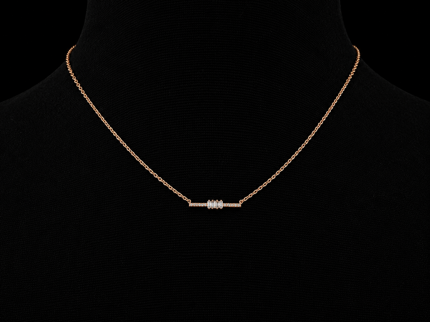 14K Rose Gold Diamond Bar Necklace – 0.07 CTW Round & Baguette Diamonds | SI Clarity, G-H Color Angelica Jewellers