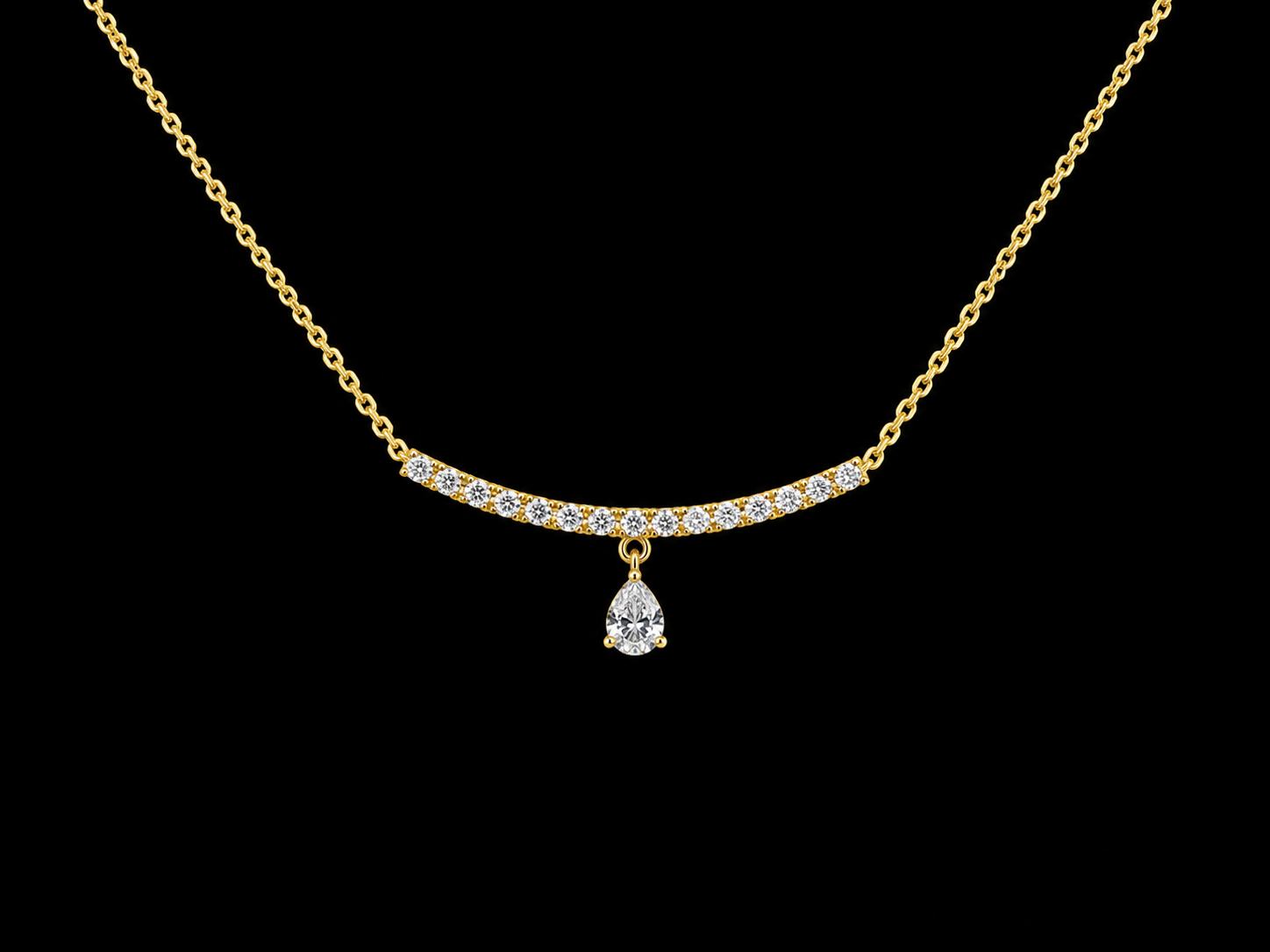 14K Yellow Gold Pear Shape Floating Diamond Curve Bar Necklace | 0.16 CTW - SI Clarity, G-H Color Angelica Jewellers