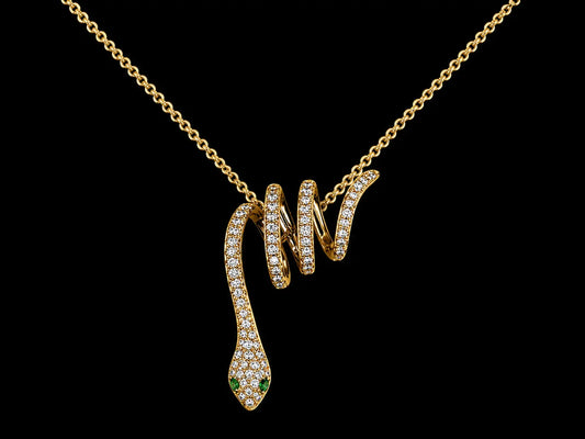 14K Yellow Gold Diamond & Tsavorite Snake Necklace | 0.17 CTW - SI Clarity, G-H Color Angelica Jewellers