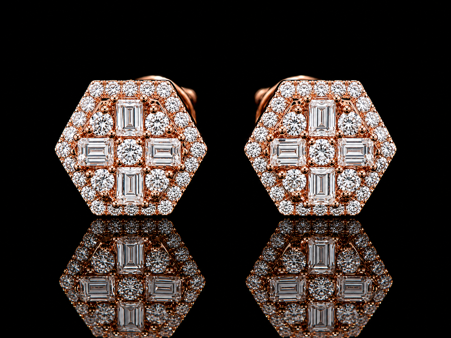 14K Rose Gold Octagonal Baguette &amp; Round Diamond Stud Earrings – 0.65 CT VVS F+ Angelica Jewellers X Waves