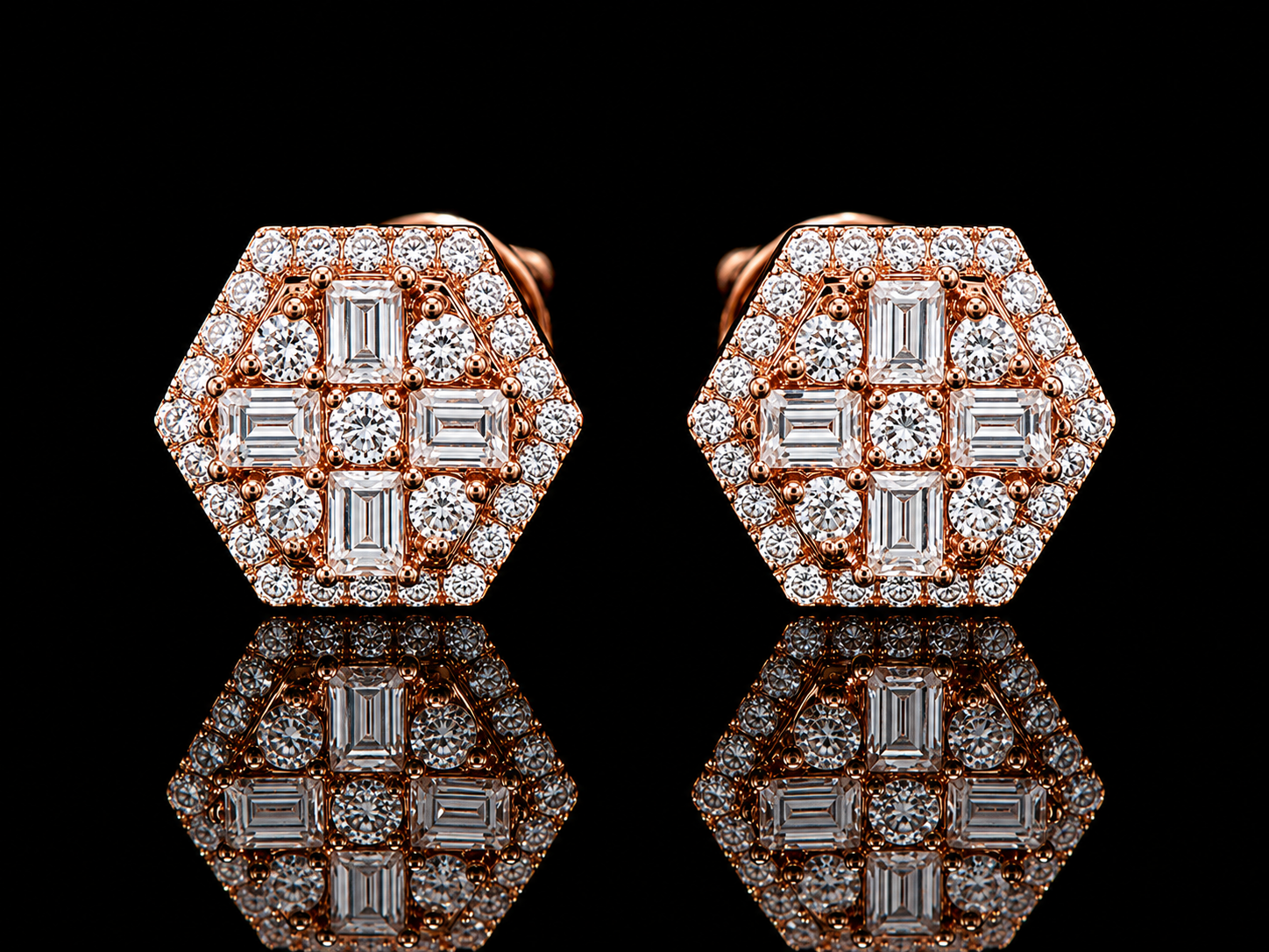14K Rose Gold Octagonal Baguette &amp; Round Diamond Stud Earrings – 0.65 CT VVS F+ Angelica Jewellers X Waves