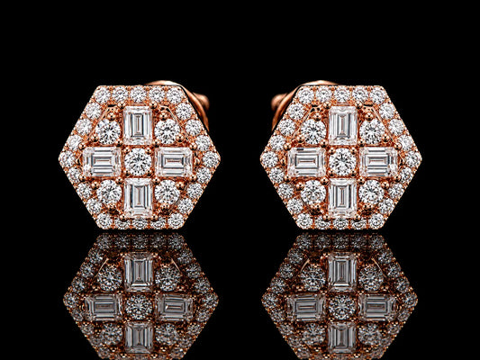 14K Rose Gold Octagonal Baguette &amp; Round Diamond Stud Earrings – 0.65 CT VVS F+ Angelica Jewellers X Waves