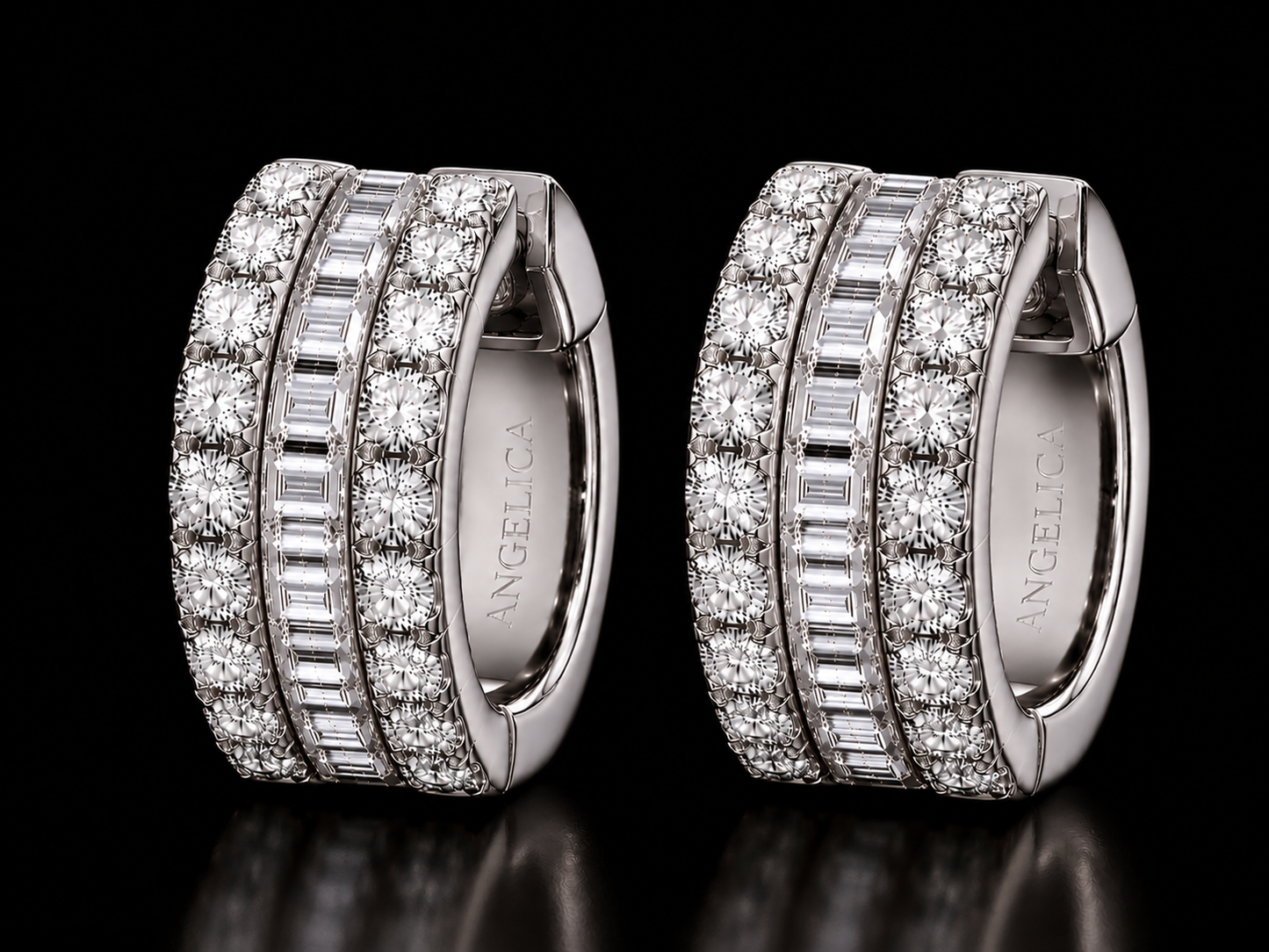 14K White Gold Round & Baguette Diamond Hoop Earrings – 1.50 CT VVS F+ Angelica Jewellers