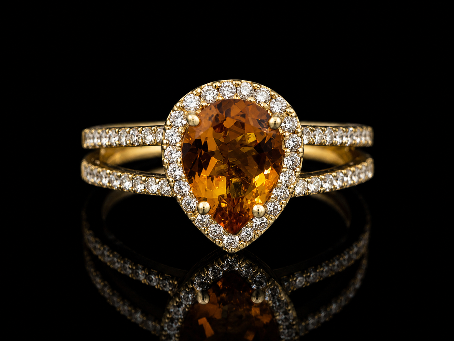 18K Yellow Gold Pear Citrine & Halo Split-Shank Diamond Ring