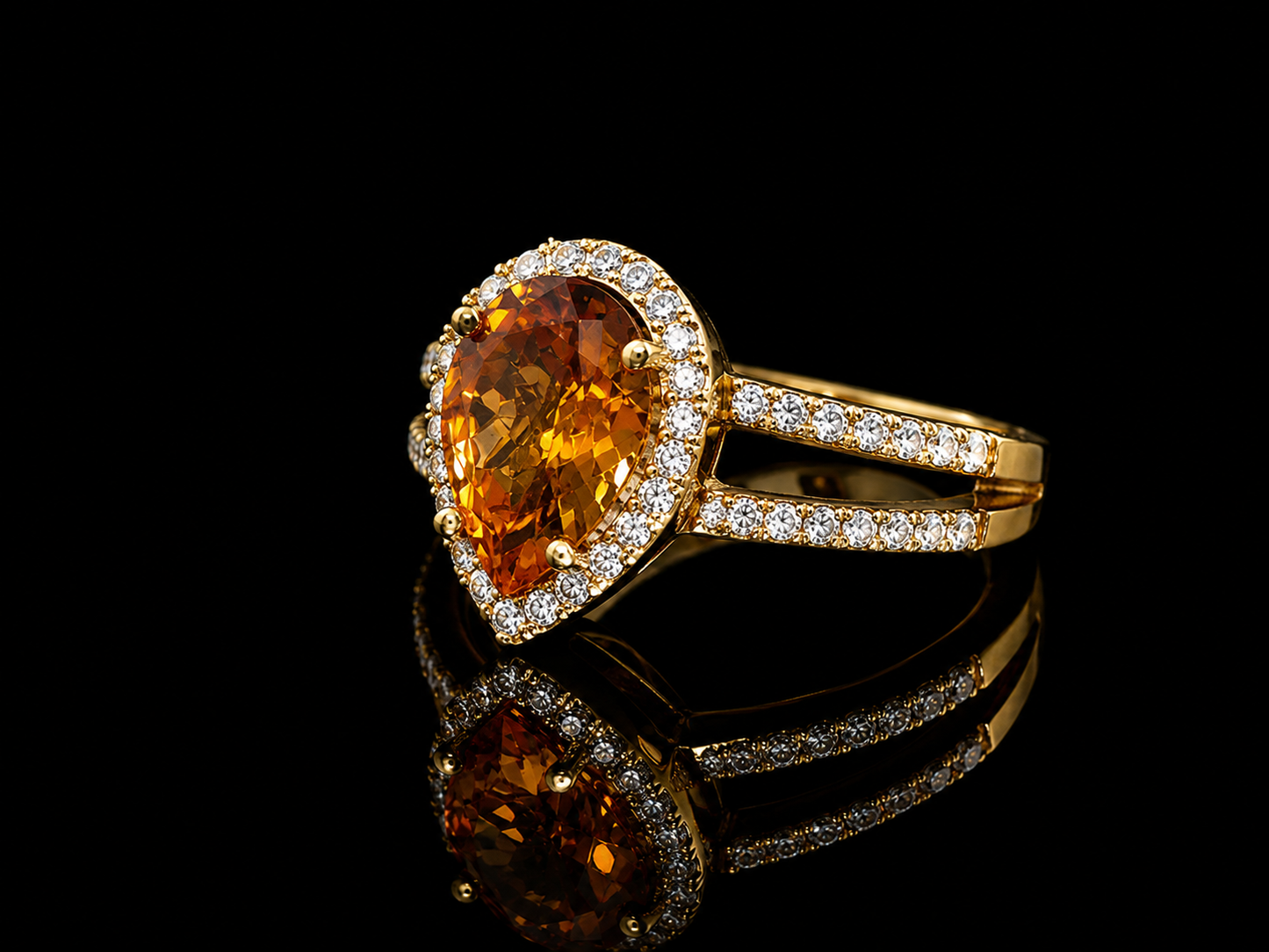 18K Yellow Gold Pear Citrine & Halo Split-Shank Diamond Ring