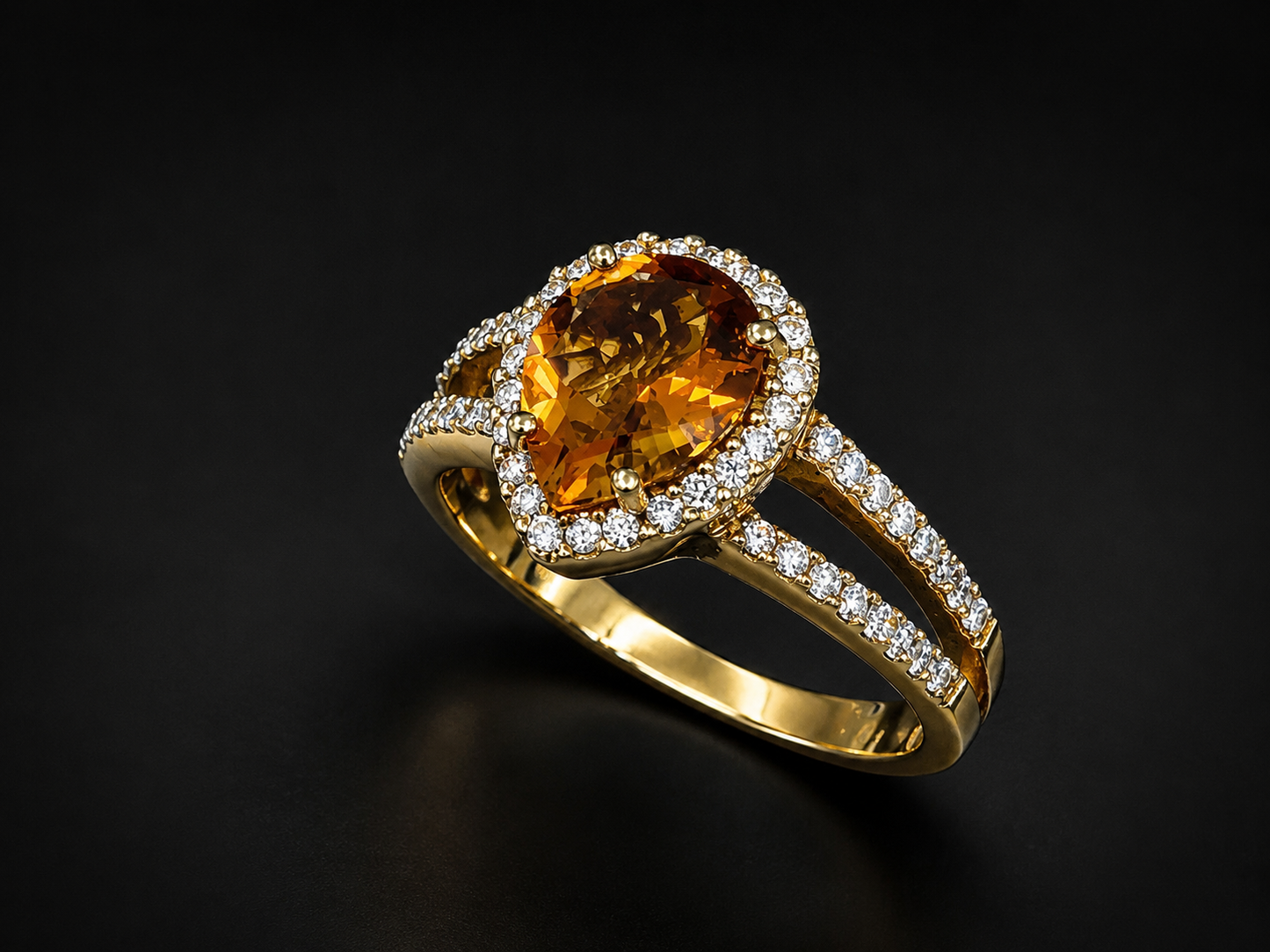 18K Yellow Gold Pear Citrine & Halo Split-Shank Diamond Ring