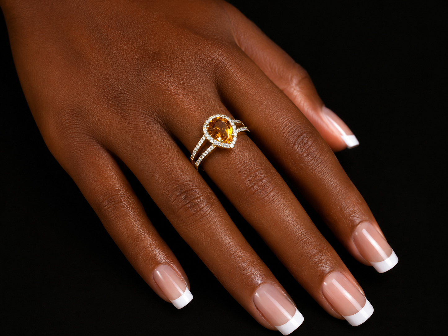 18K Yellow Gold Pear Citrine & Halo Split-Shank Diamond Ring