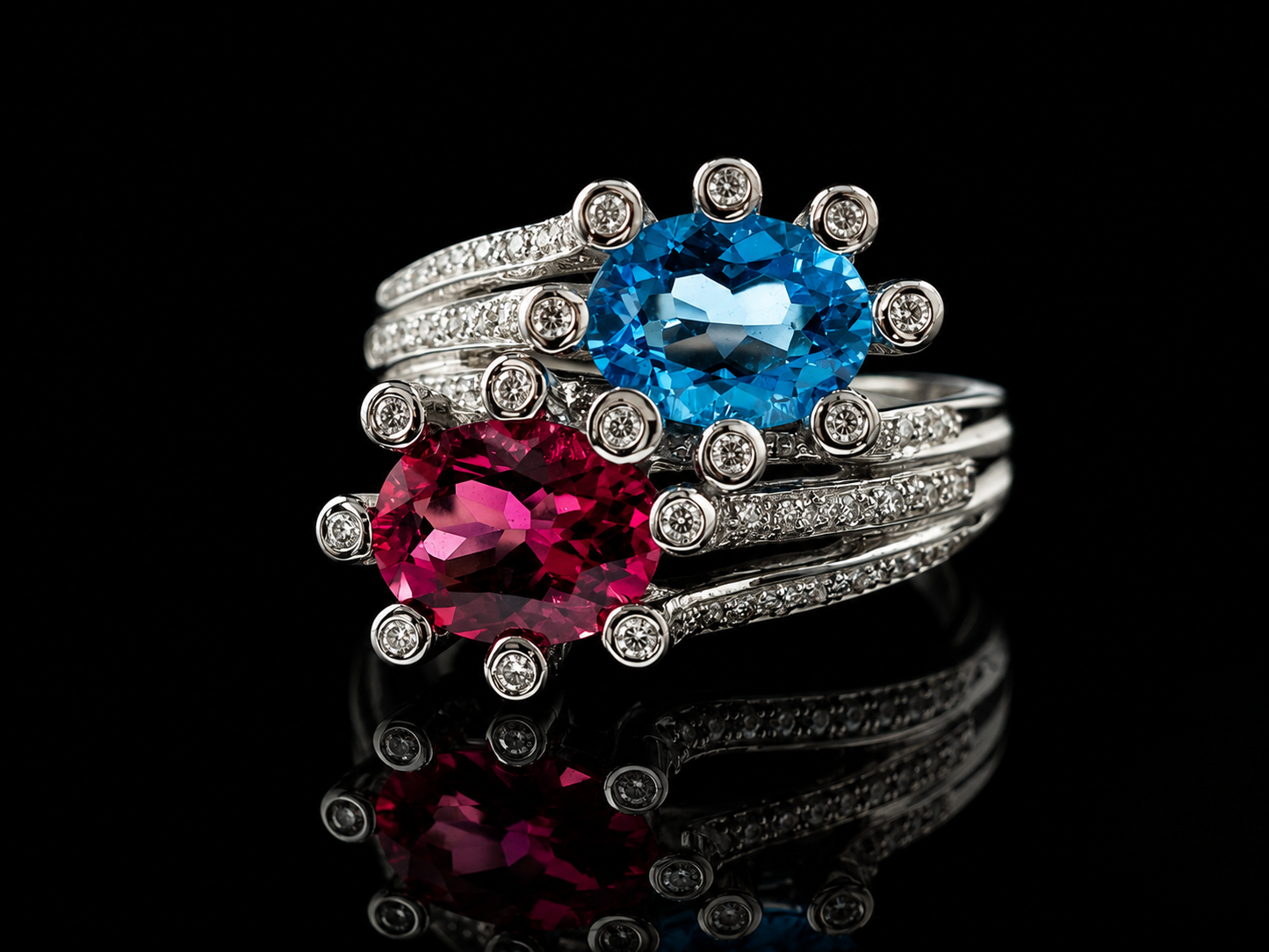 18K White Gold Toi et Moi Pink Tourmaline & Blue Topaz Ring