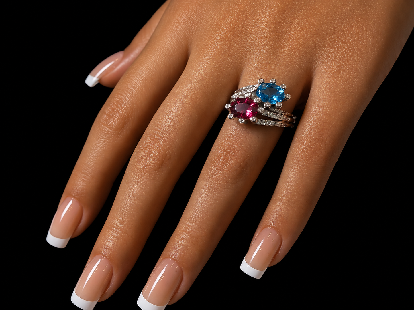 18K White Gold Toi et Moi Pink Tourmaline & Blue Topaz Ring