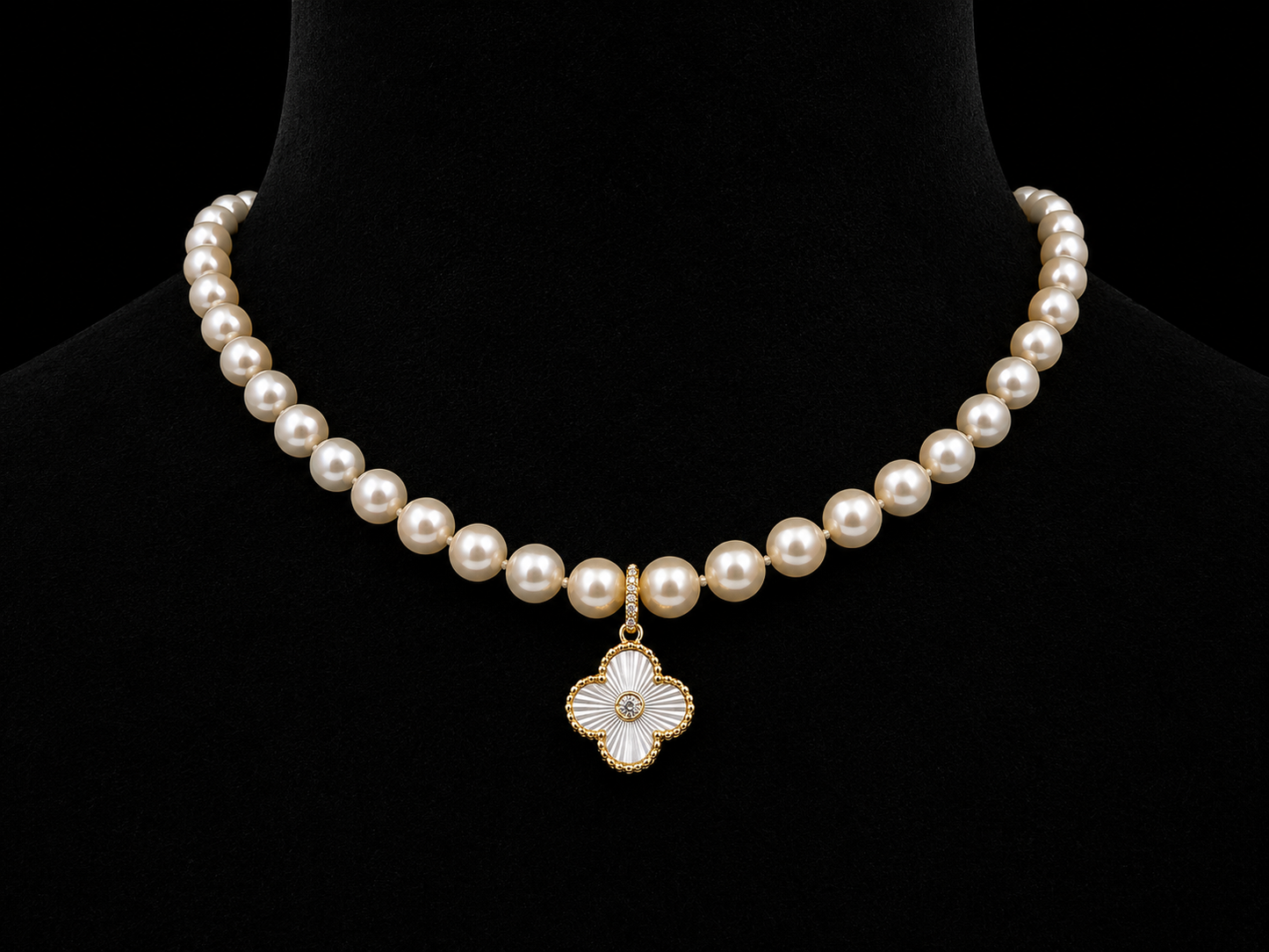14K Yellow Gold Freshwater Pearl Necklace with Mother of Pearl Clover &amp; Diamond Pendant – 0.15 CT Angelica Jewellers