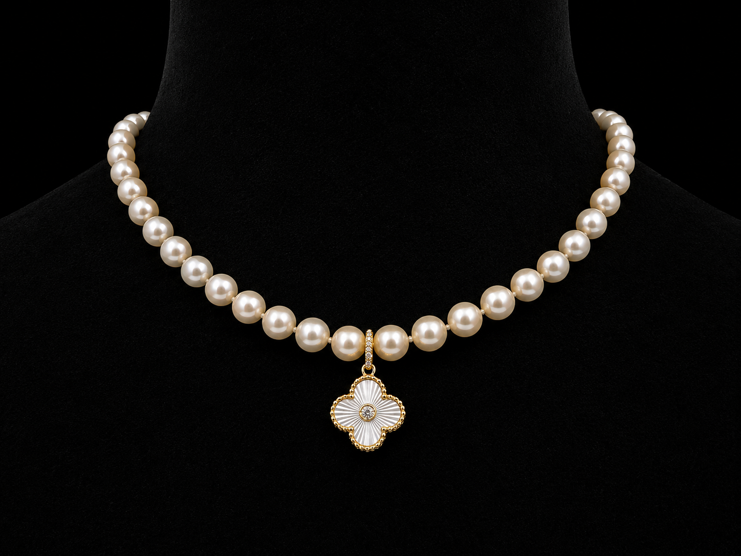 14K Yellow Gold Freshwater Pearl Necklace with Mother of Pearl Clover &amp; Diamond Pendant – 0.15 CT Angelica Jewellers