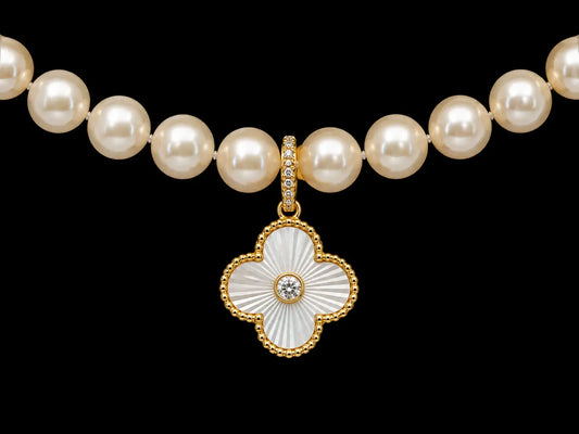 14K Yellow Gold Freshwater Pearl Necklace with Mother of Pearl Clover &amp; Diamond Pendant – 0.15 CT Angelica Jewellers