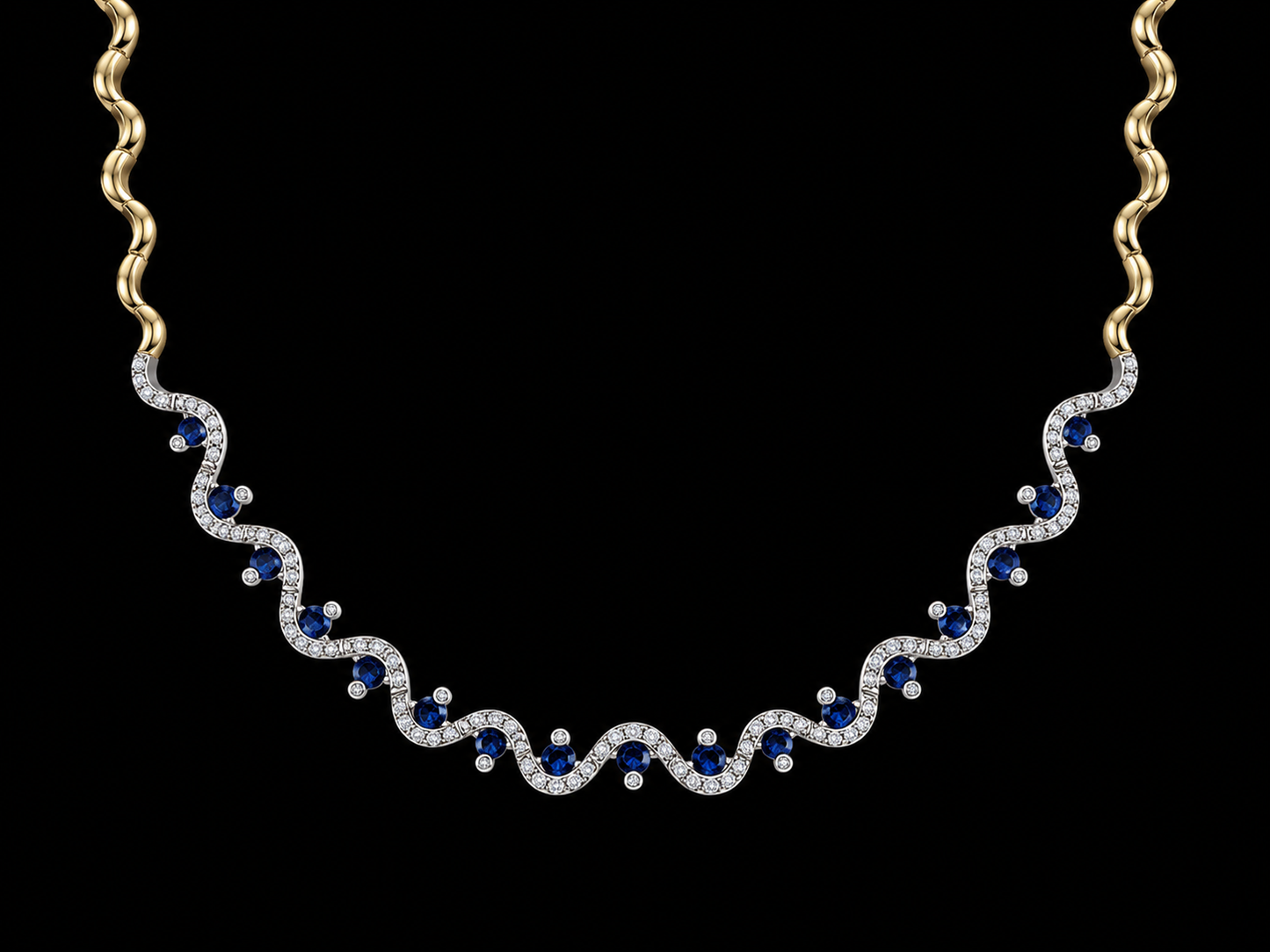 14K Two-Tone Gold Diamond & Sapphire Wave Necklace – 0.52 CTW Diamonds | 1.00 CTW Blue Sapphires | 16.5" Angelica Jewellers