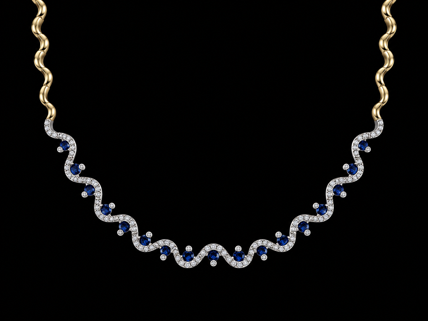 14K Two-Tone Gold Diamond & Sapphire Wave Necklace – 0.52 CTW Diamonds | 1.00 CTW Blue Sapphires | 16.5" Angelica Jewellers