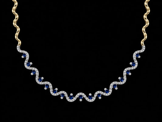 14K Two-Tone Gold Diamond & Sapphire Wave Necklace – 0.52 CTW Diamonds | 1.00 CTW Blue Sapphires | 16.5" Angelica Jewellers