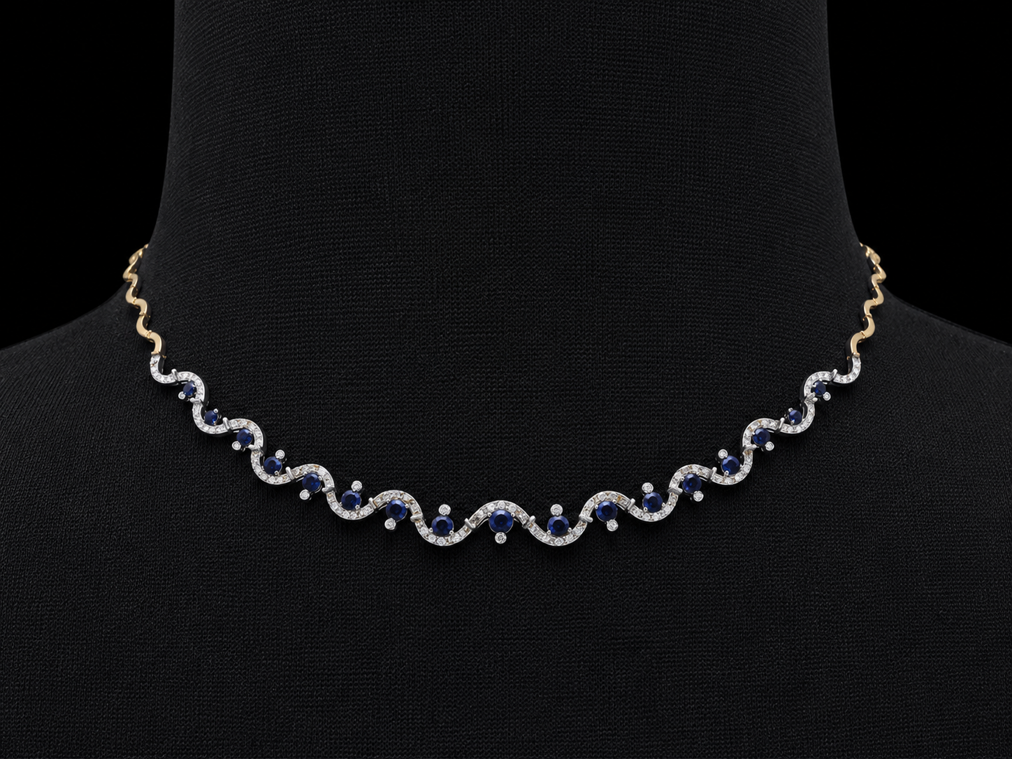 14K Two-Tone Gold Diamond & Sapphire Wave Necklace – 0.52 CTW Diamonds | 1.00 CTW Blue Sapphires | 16.5" Angelica Jewellers