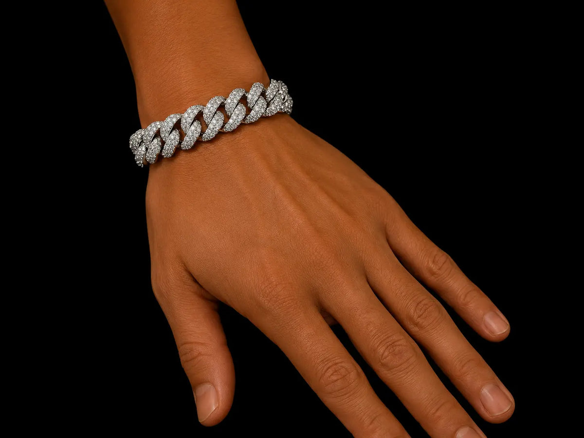 10K White Gold Full Pavé Diamond Rounded Cuban Link Bracelet – 15.50 CTW Natural VVS F+ Diamonds | 14mm | 8" Angelica Jewellers