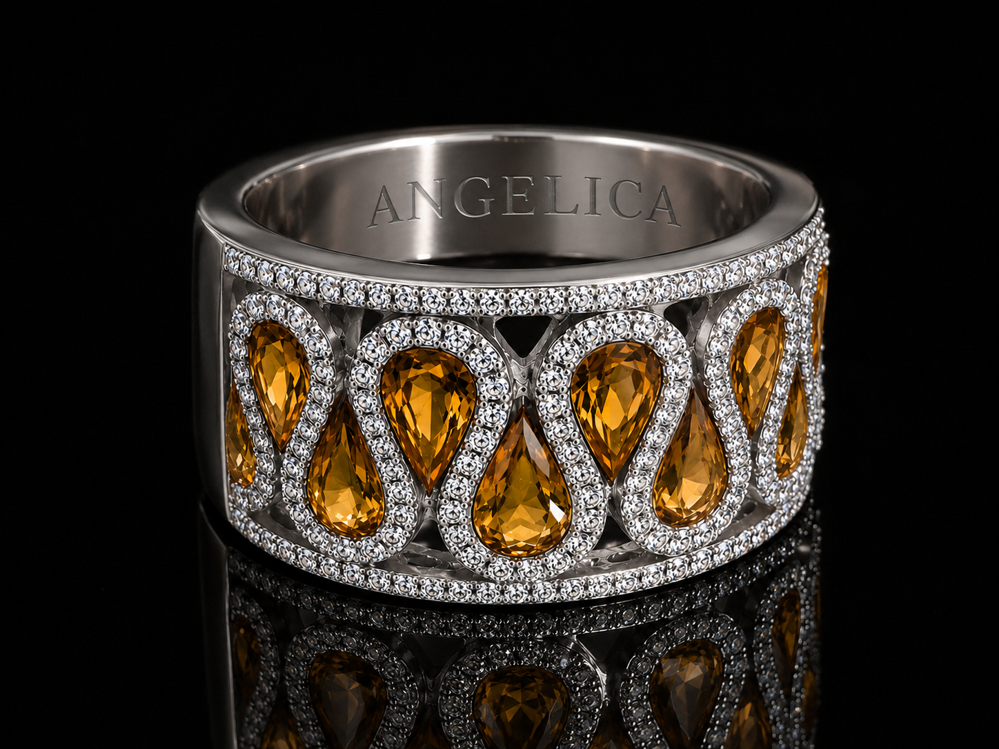 18K White Gold Diamond & Natural Citrine Pear-Shape Statement Ring Angelica Jewellers