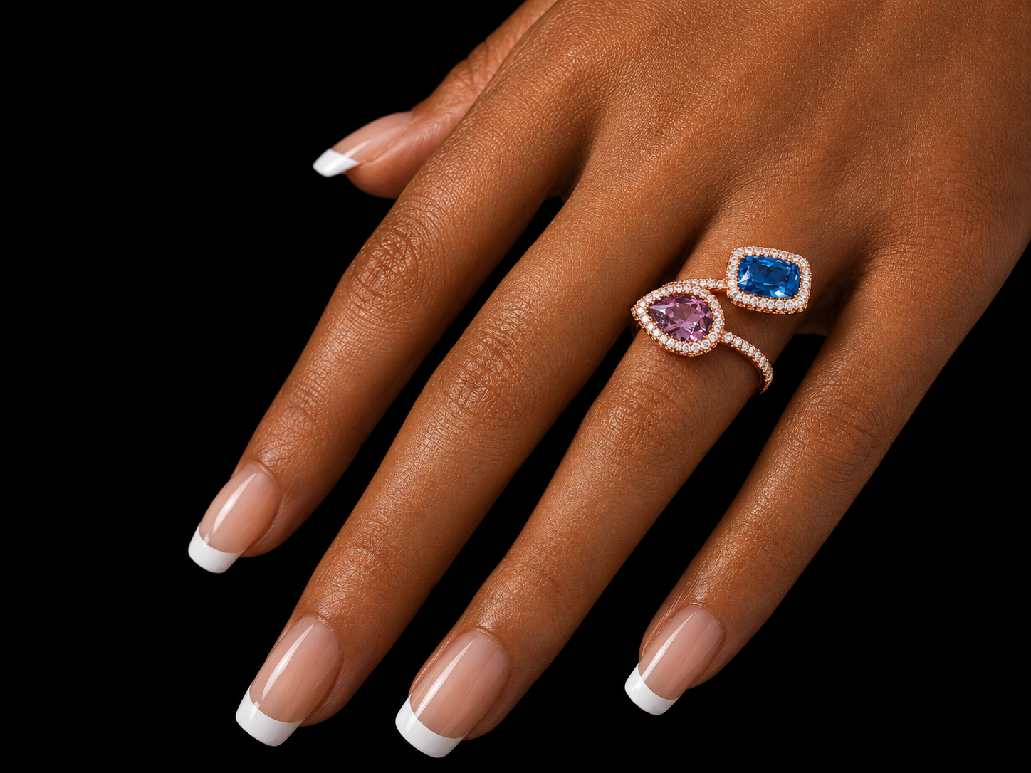 18K Rose Gold Diamond, Pink Tourmaline &amp; Blue Topaz Toi et Moi Ring Angelica Jewellers