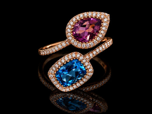 18K Rose Gold Diamond, Pink Tourmaline &amp; Blue Topaz Toi et Moi Ring Angelica Jewellers