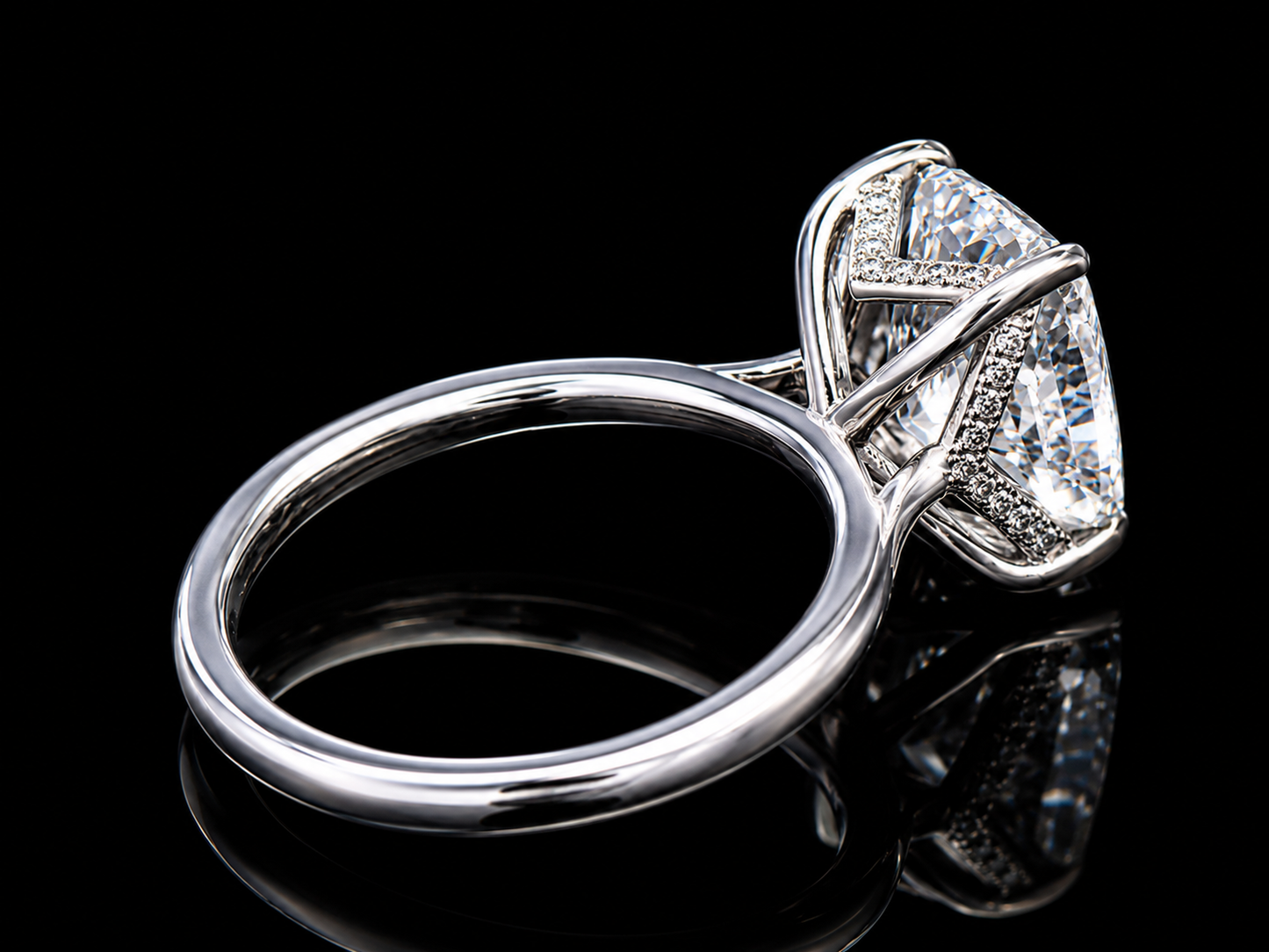 14K White Gold Elongated Cushion Solitaire Engagement Ring – 4.88 CT E VS1 IGI Certified Lab-Grown Diamond with Hidden Chevron Halo Angelica Jewellers