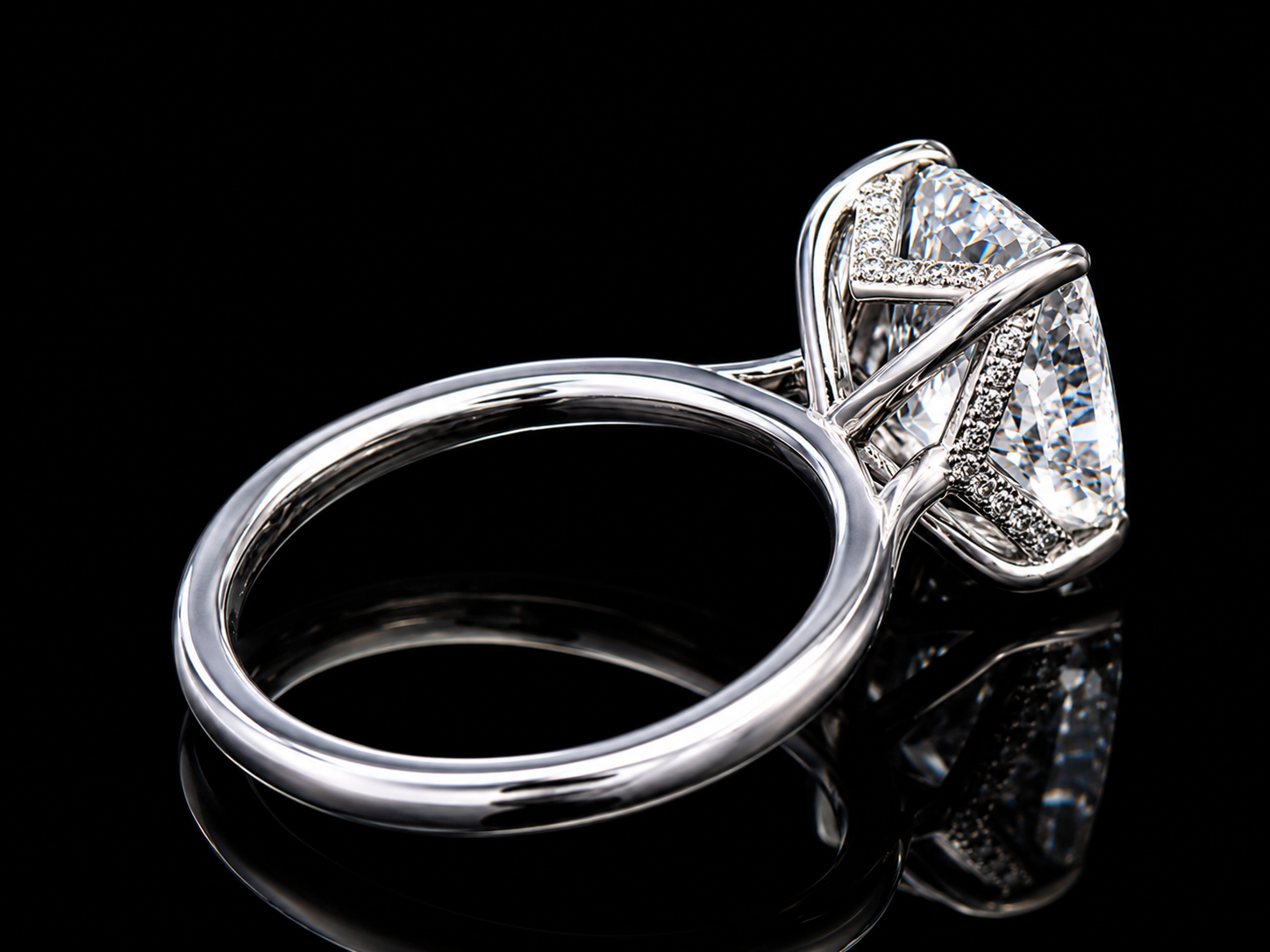 14K White Gold Elongated Cushion Solitaire Engagement Ring – 4.88 CT E VS1 IGI Certified Lab-Grown Diamond with Hidden Chevron Halo Angelica Jewellers