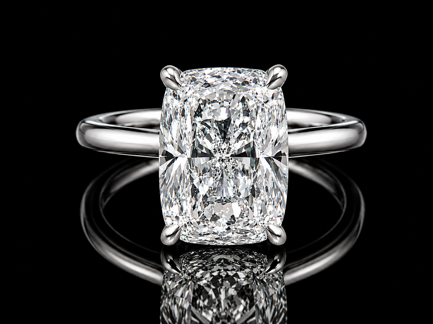 14K White Gold Elongated Cushion Solitaire Engagement Ring – 4.88 CT E VS1 IGI Certified Lab-Grown Diamond with Hidden Chevron Halo Angelica Jewellers