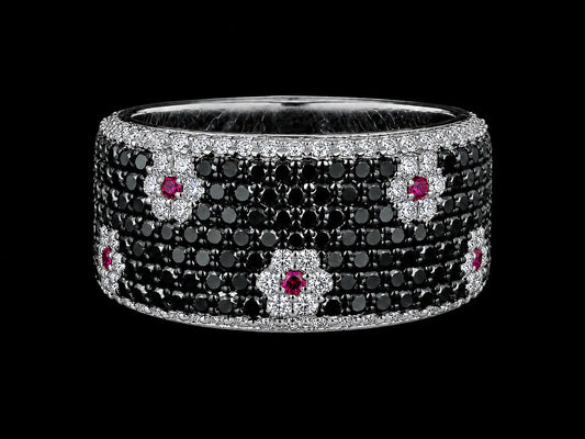 18K White Gold Pavé Diamond & Ruby Band – 1.50 CT Black Diamonds, White Diamonds &amp; Rubies | 10mm Wide Angelica Jewellers