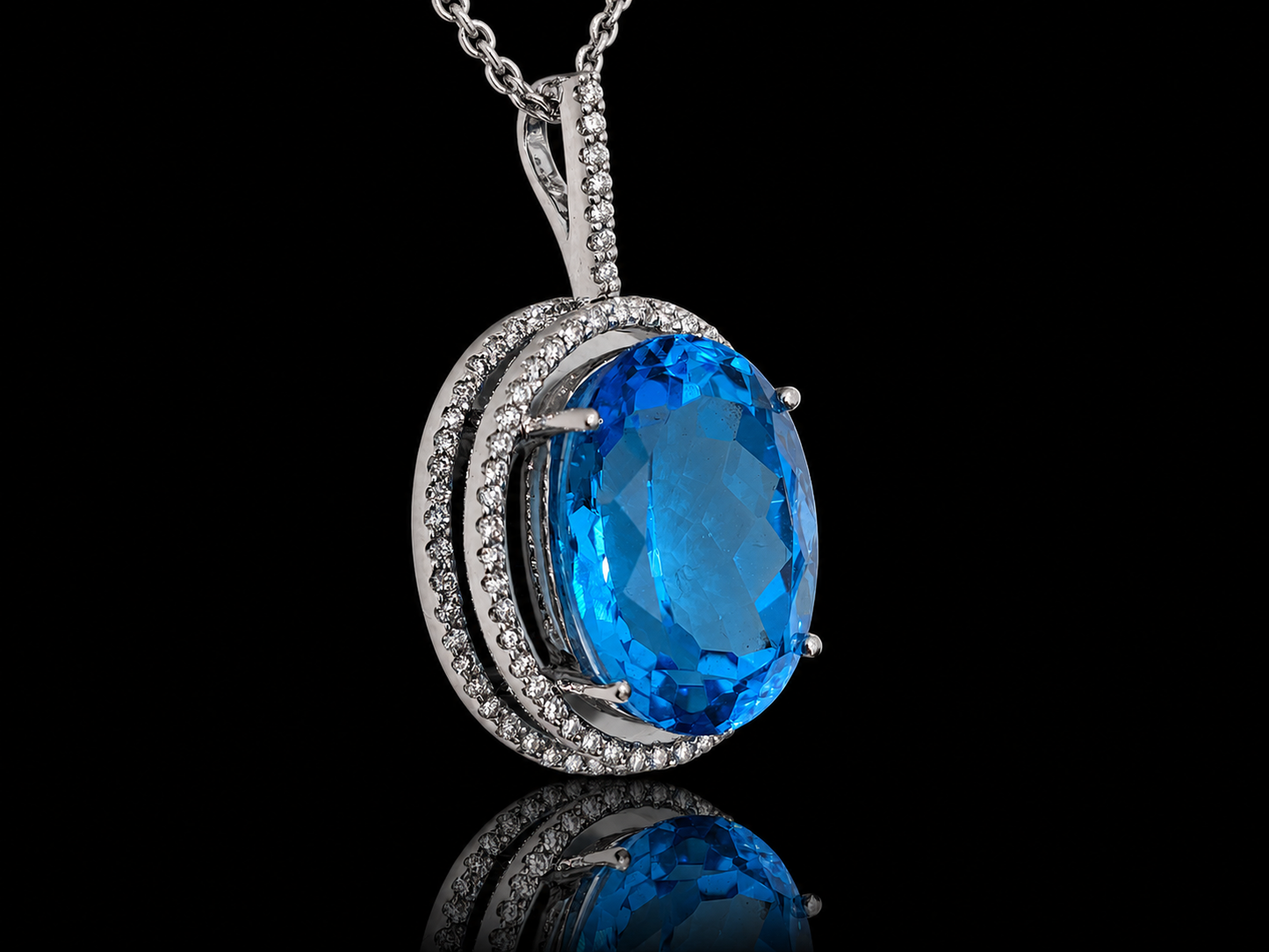14K White Gold Blue Topaz &amp; Diamond Double Halo Pendant Angelica Jewellers