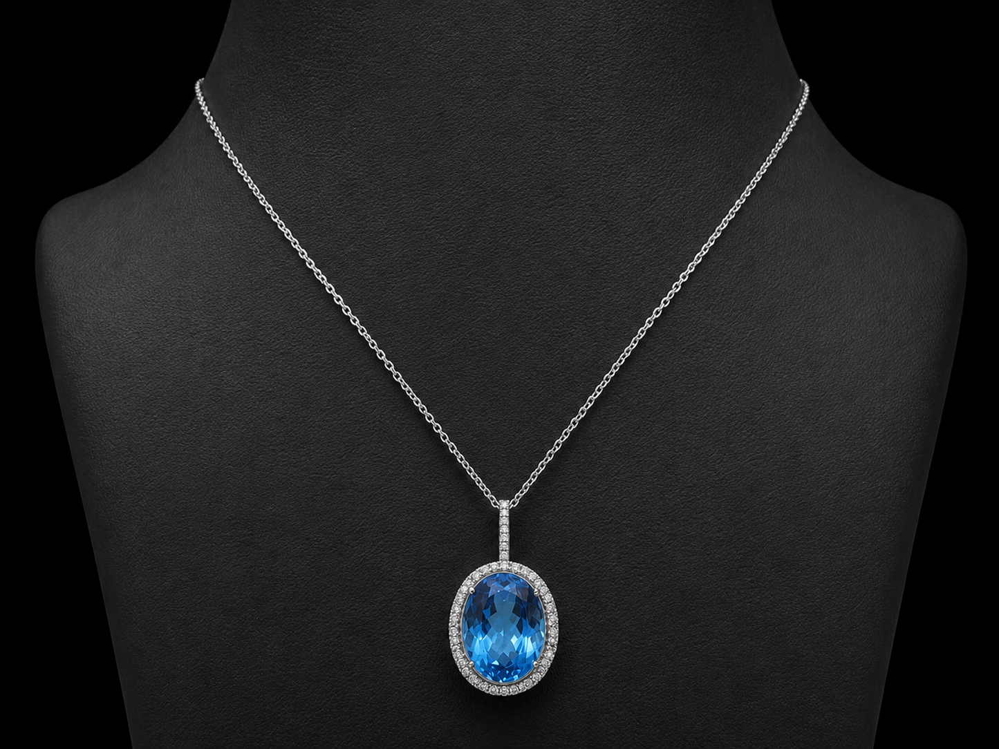 14K White Gold Blue Topaz &amp; Diamond Double Halo Pendant Angelica Jewellers