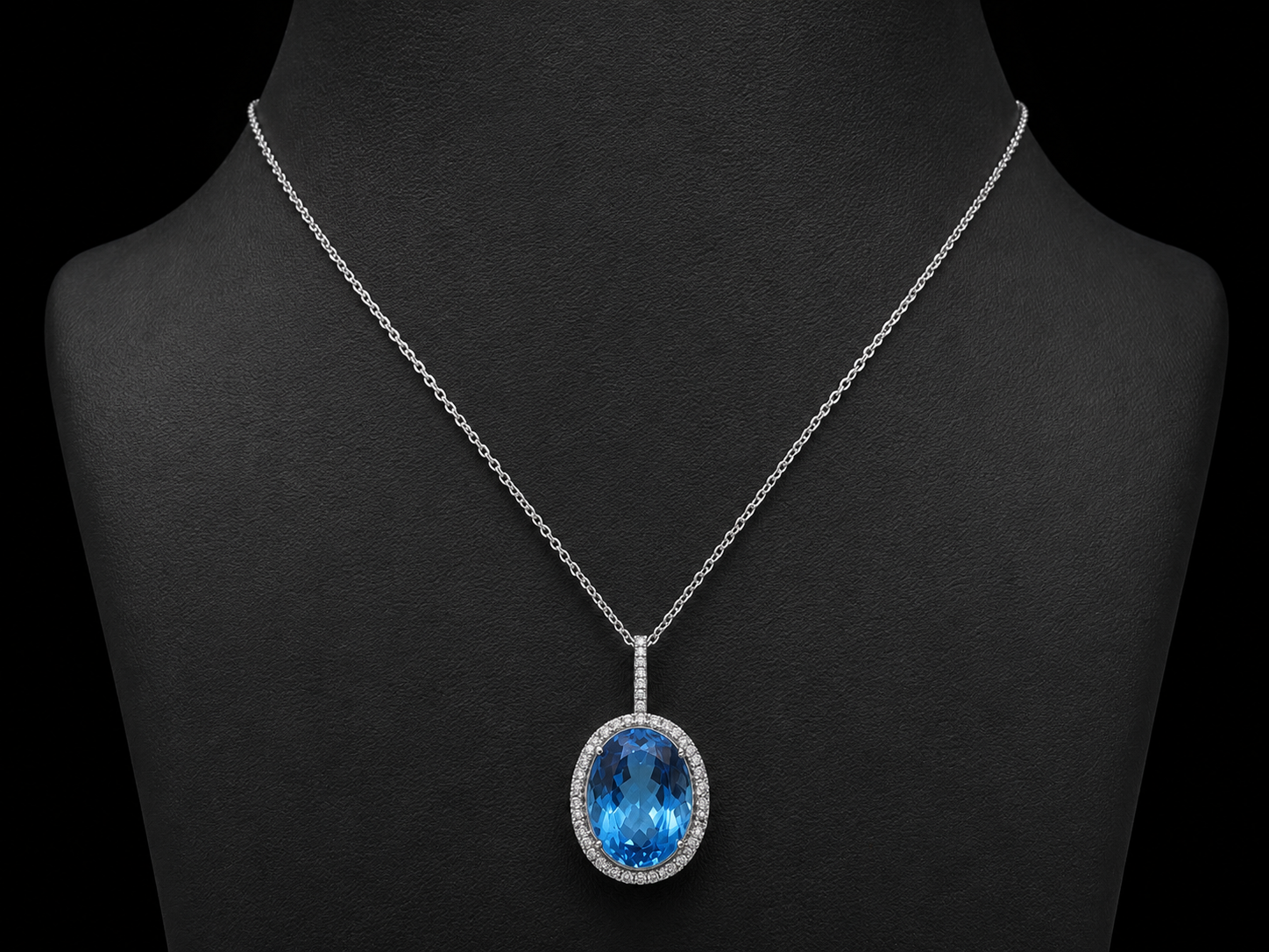 14K White Gold Blue Topaz &amp; Diamond Double Halo Pendant Angelica Jewellers