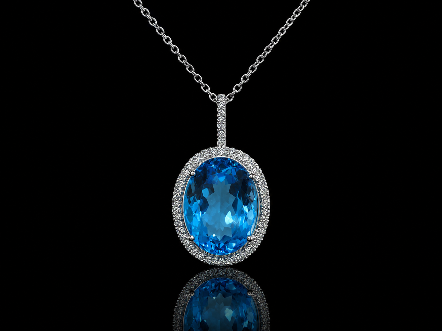 14K White Gold Blue Topaz &amp; Diamond Double Halo Pendant Angelica Jewellers