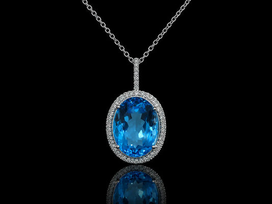 14K White Gold Blue Topaz &amp; Diamond Double Halo Pendant Angelica Jewellers