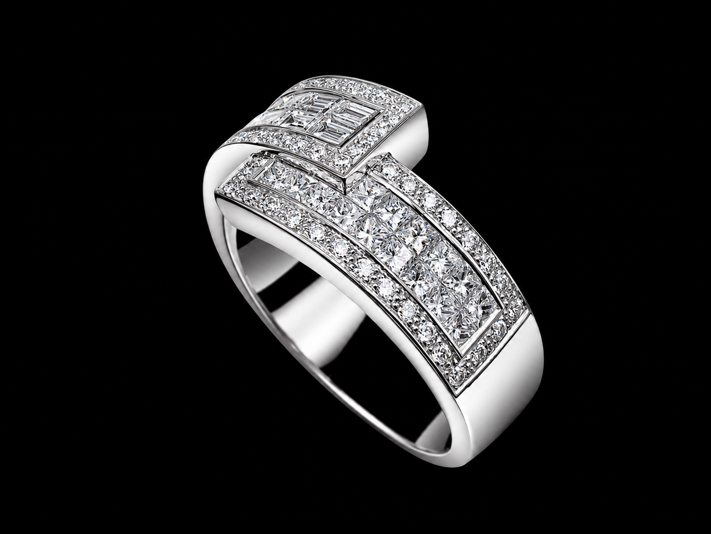 18K White Gold Geometric Statement Multi-Cut Natural Diamond Ring
