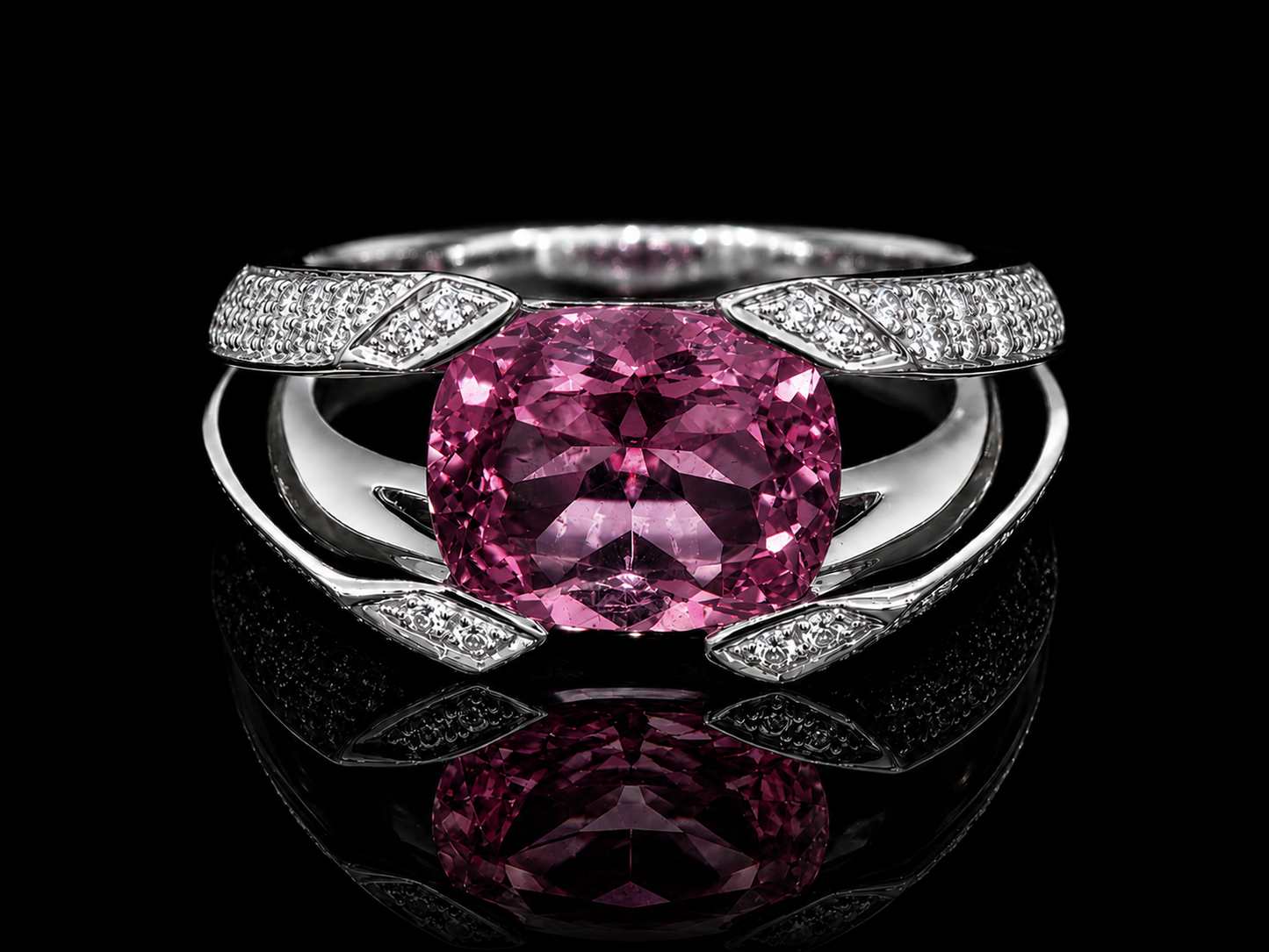 18K White Gold Split-Shank Pink Tourmaline & Diamond Statement Ring