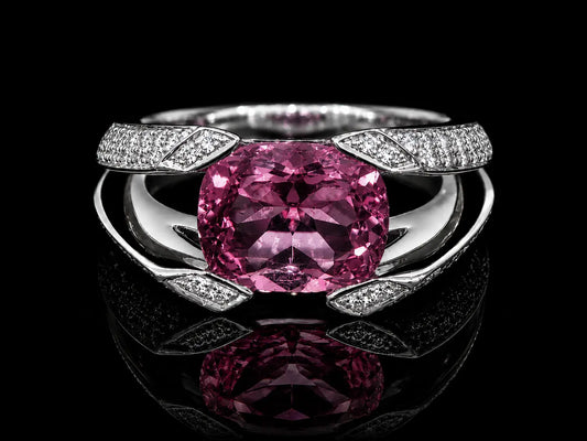 18K White Gold Split-Shank Pink Tourmaline & Diamond Statement Ring Angelica Jewellers