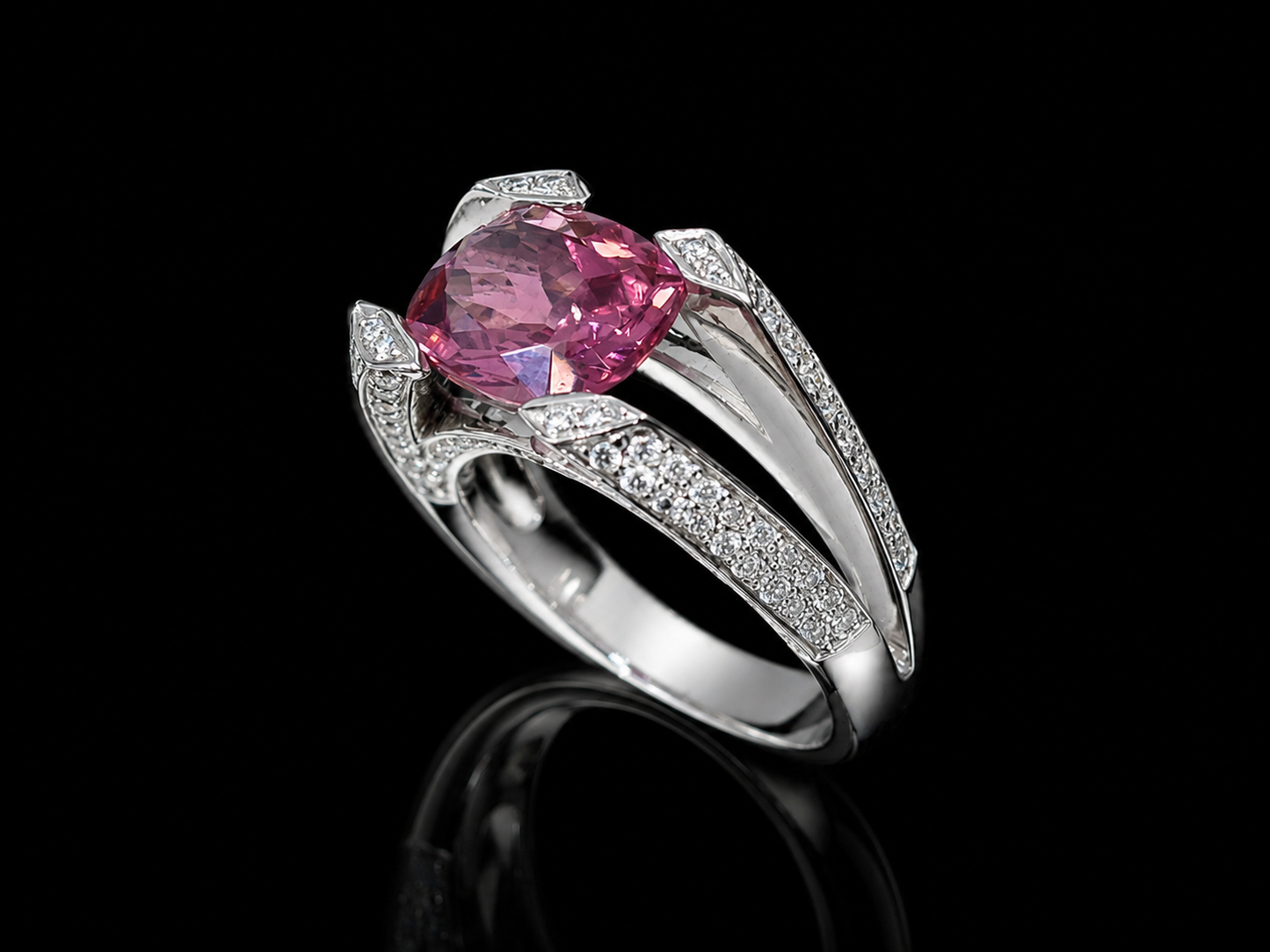 18K White Gold Split-Shank Pink Tourmaline & Diamond Statement Ring