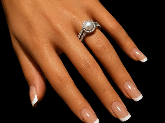 18K White Gold Double Halo Saltwater Pearl & Diamond Ring – 0.70 CT VS F-G Angelica Jewellers