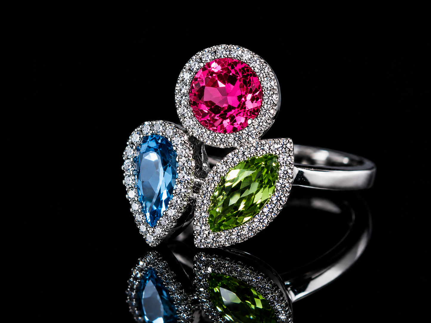 18K White Gold Peridot, Pink Tourmaline &amp; Blue Topaz Diamond Trilogy Ring