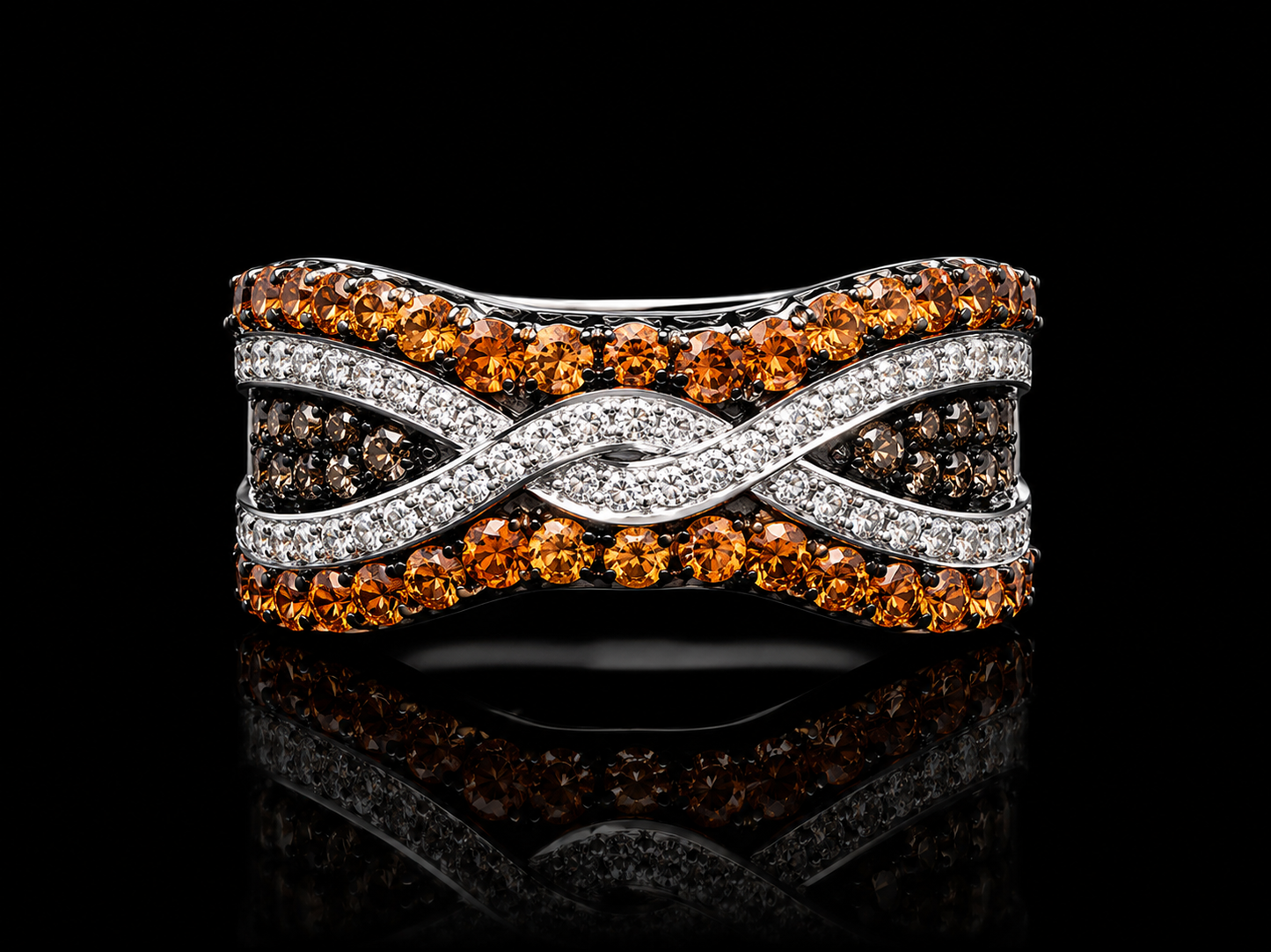 18K White Gold Chocolate Diamond & Orange Sapphire Infinity Ring – 1.35 CT Angelica Jewellers