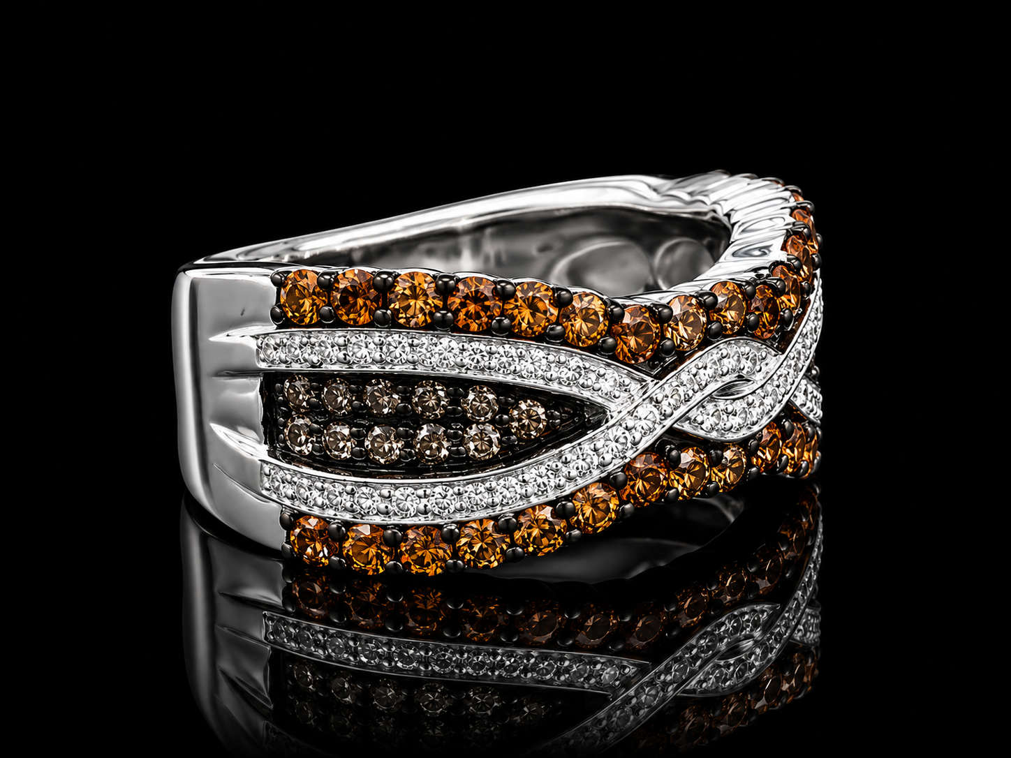 18K White Gold Chocolate Diamond & Orange Sapphire Infinity Ring – 1.35 CT Angelica Jewellers