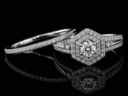 14K White Gold Diamond Bridal Set – 0.75 CT Natural Diamonds | Hexagon Halo Engagement Ring & Semi-Eternity Band Angelica Jewellers