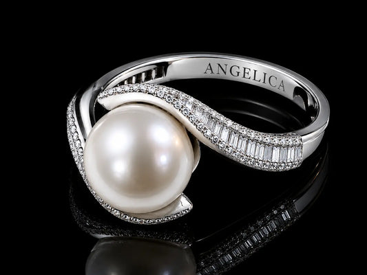 18K White Gold 9mm AA Pearl & Diamond Bypass Ring – 0.60 CT Natural Diamonds Angelica Jewellers
