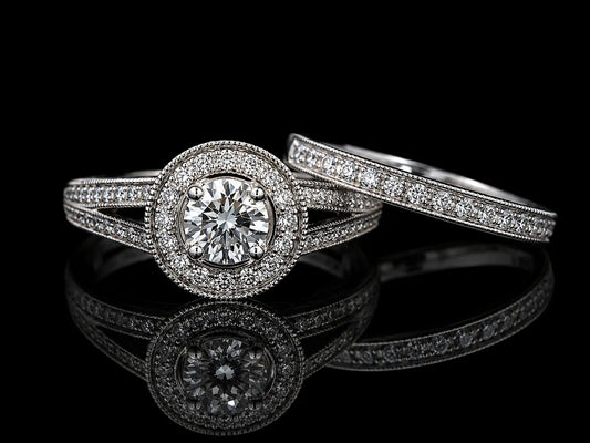 14K White Gold Diamond Halo Engagement Ring Set – 1.05 CTW Natural Diamonds Angelica Jewellers